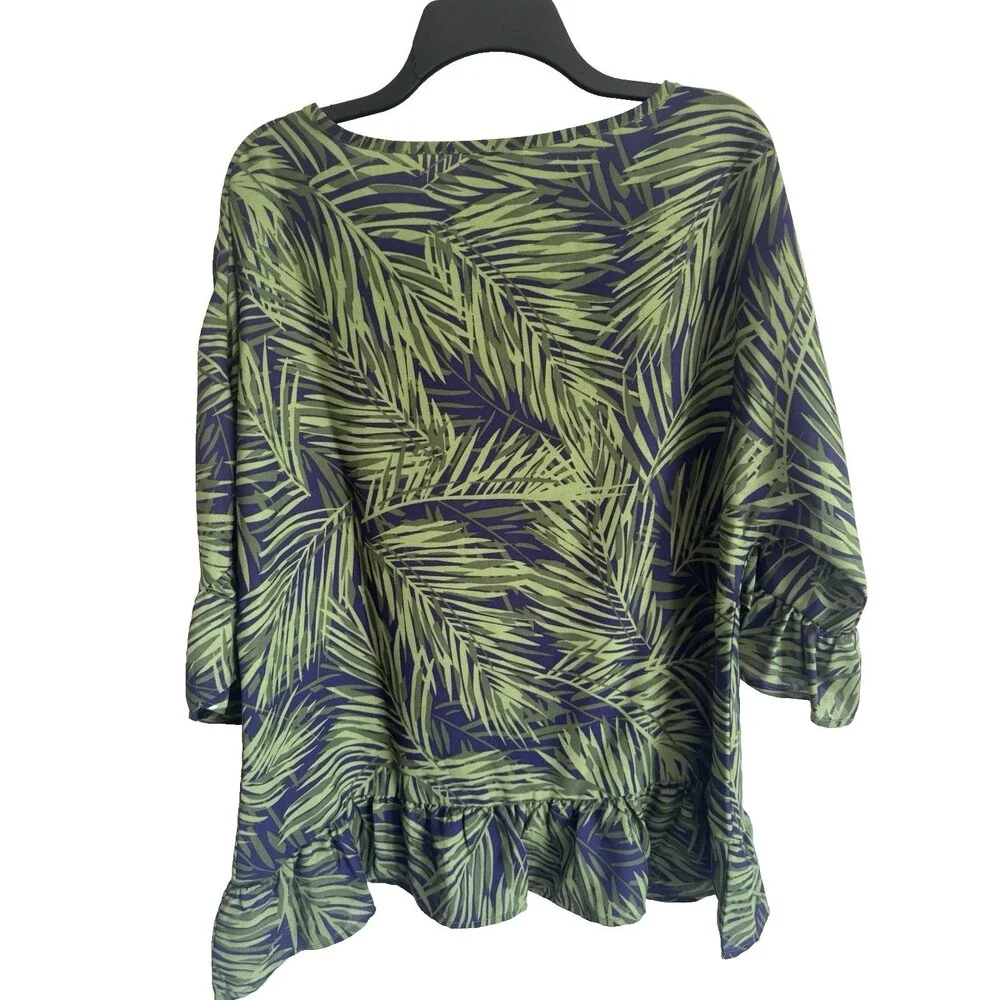 Bon Worth Tropical Leaf Print Blouse Ruffle Oversized Boxy Size Small